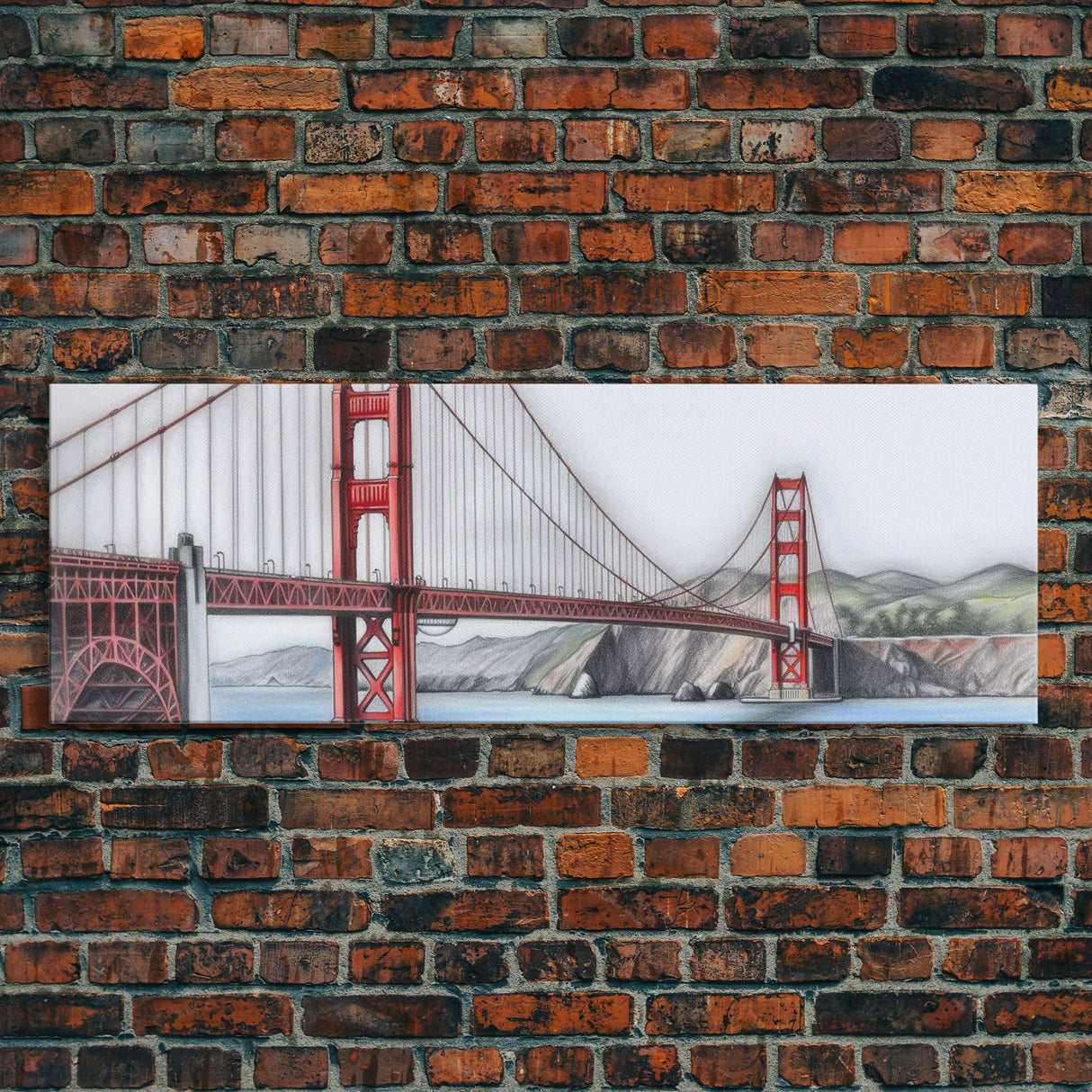 Red Suspension Bridge Canvas Print, Colored Pencil Sketch Art, Mountain, Landscape, River, Lake, Panoramic, Wall Art, Canvas Print