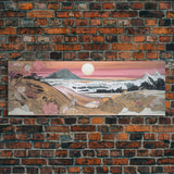 Japanese Style Seascape Canvas Art Print, Full Moon, Big Waves, Pink Flowers, Mountain, Wall Decor, Panoramic, Wall Art, Canvas Print