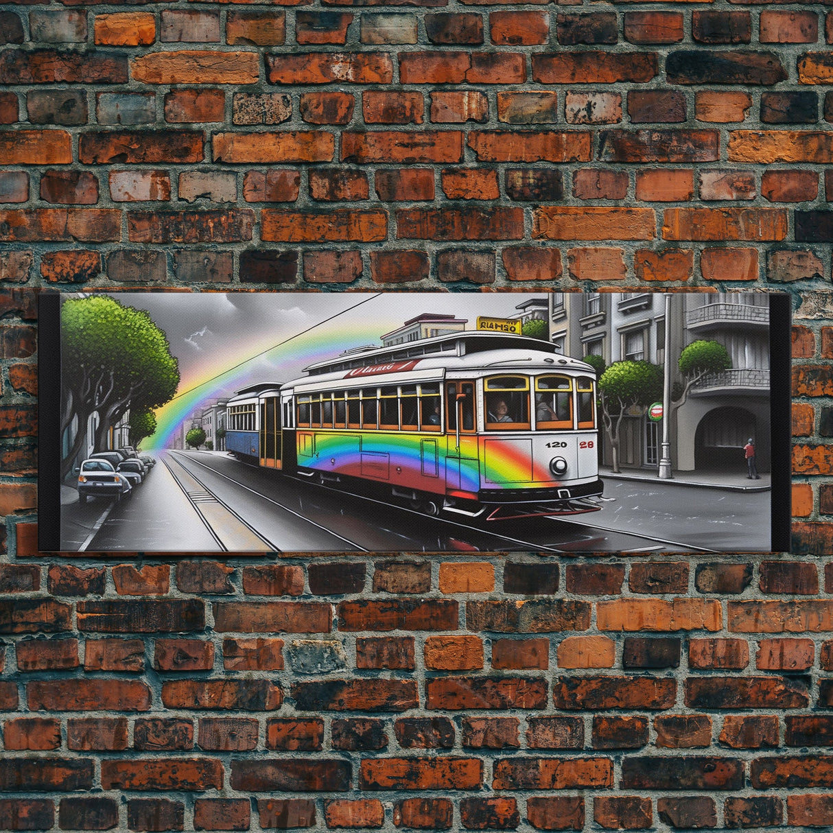 Streetcar Canvas Print, Urban Wall Art, Rainbow Canvas Art, Large Print, Framed Canvas, Wall Decor, Panoramic, Wall Art, Canvas Print