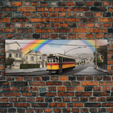 Rainbow Streetcar Canvas Print, Street Wall Decor, Urban Art, Large Canvas Print, Framed Art, Wall Decor, Panoramic, Wall Art, Canvas Print