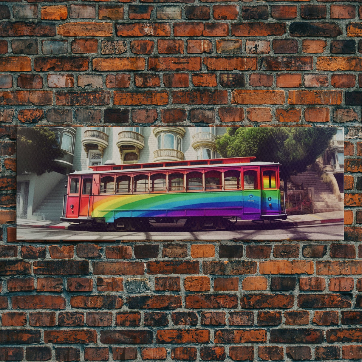 Rainbow Streetcar Canvas Print, Tram Wall Decor, Urban Art, Large Canvas Print, Framed Art, Wall Decor, Panoramic, Wall Art, Canvas Print