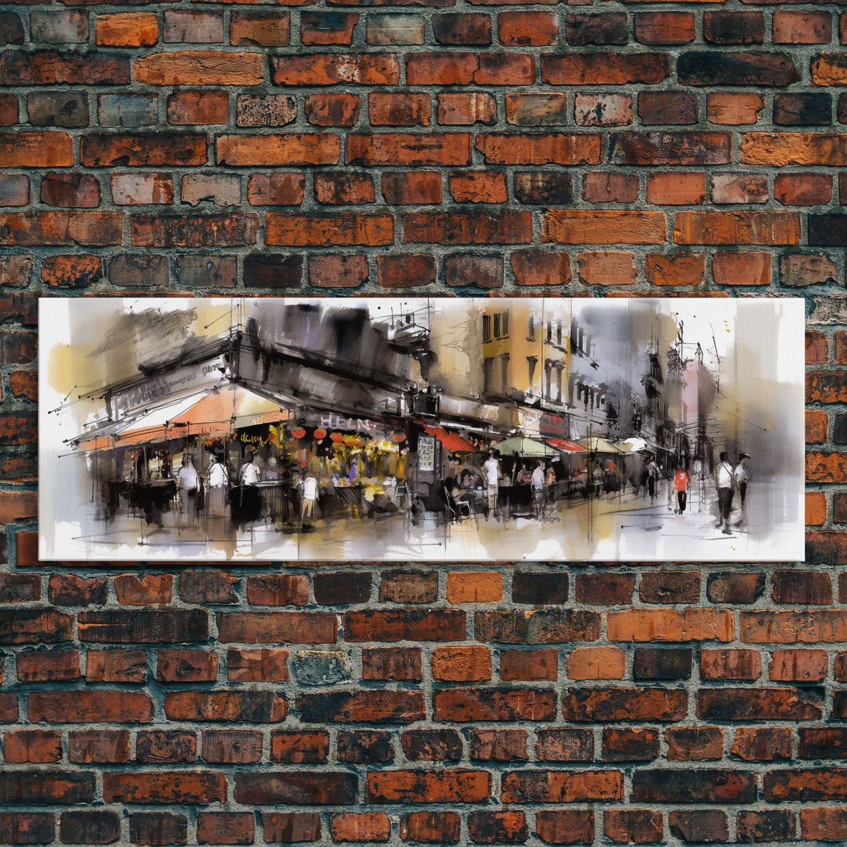 Watercolor Market Wall Art, Abstract Canvas Print, Urban Art, Large Art Print, Framed Canvas Print, Panoramic, Wall Art, Canvas Print