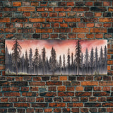 Woods Wall Art, Forest Art Print, Pink Sky, Pine Trees, Framed Canvas Print, Colored Pencil Art, Panoramic, Wall Art, Canvas Print