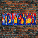 Forest On Fire, Red Flames, Blue Trees, Abstract Forest Art, Canvas Wall Decor, Large Art Print, Panoramic, Wall Art, Canvas Print