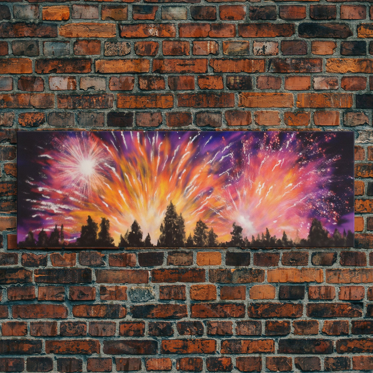 Fireworks Over Forest Canvas Art Print, Woods, Pines Trees, Wall Decor, Framed Large Canvas Print, Panoramic, Wall Art, Canvas Print