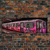 Pink Subway Train Canvas Art Print, Abandoned Train, Graffiti Art, Wall Decor, Large Framed Canvas Print, Panoramic, Wall Art, Canvas Print