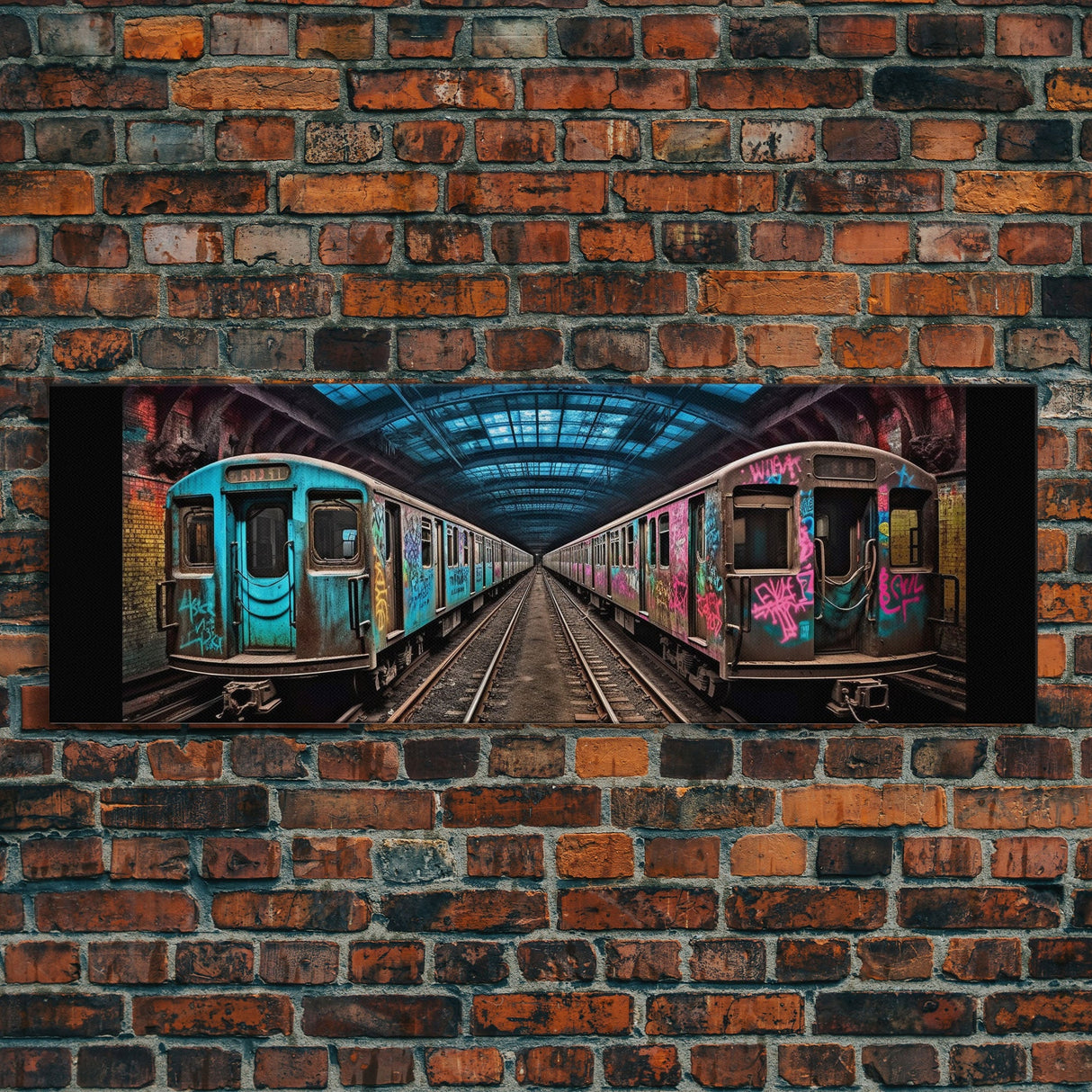 Urban Art Print, Graffiti On Abandoned Subway Train, Teal And Pink, Wall Decor, Large Framed Canvas Print, Panoramic, Wall Art, Canvas Print