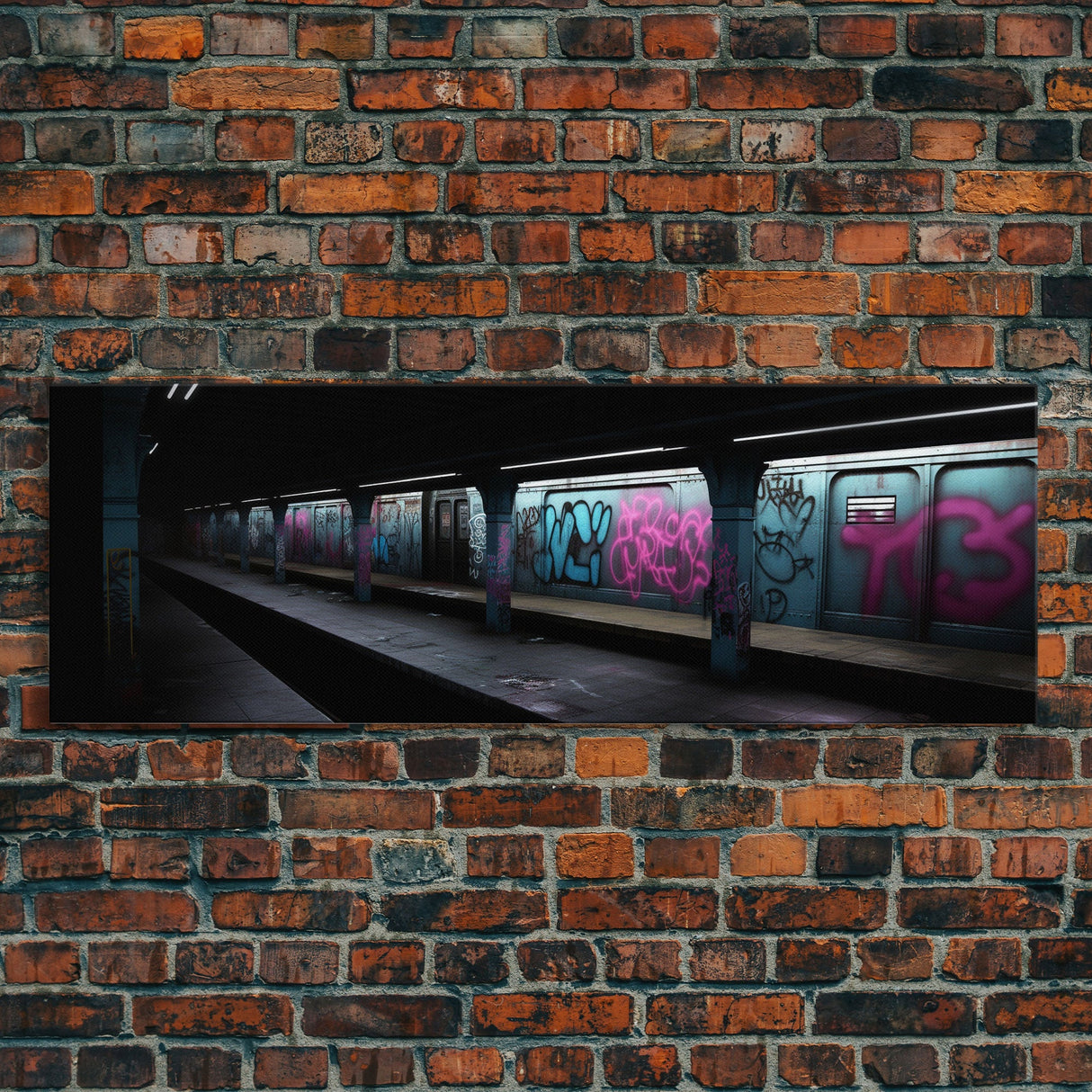 Urban Art, Graffiti On Subway Train, Pink And Teal Graffiti Art Canvas, Wall Decor Framed Canvas Print, Panoramic, Wall Art, Canvas Print