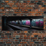 Urban Art, Graffiti On Subway Train, Pink And Teal Graffiti Art Canvas, Wall Decor Framed Canvas Print, Panoramic, Wall Art, Canvas Print