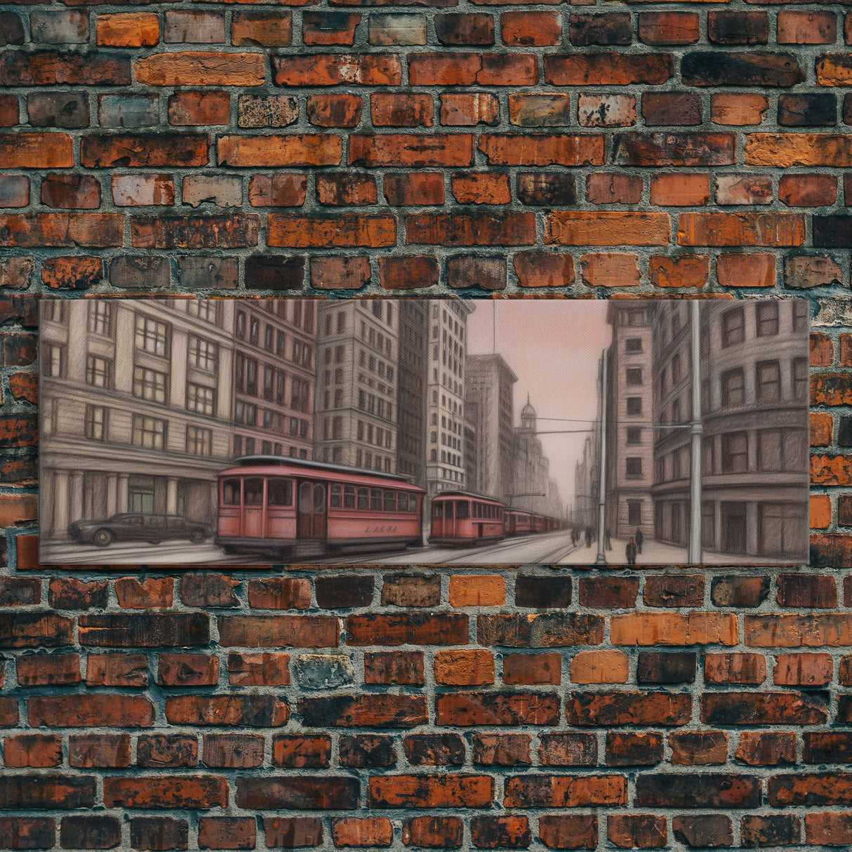 Colored Pencil Streetcar Urban Art Print, Red Train, Tram In The City, Sketch Art, City Art, Urban Print, Panoramic, Wall Art, Canvas Print