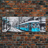 Teal Train, Tram In The City, Urban Art Painting, Large Mixed Media Art, Streetcar Print, City Art, Panoramic, Wall Art, Canvas Print