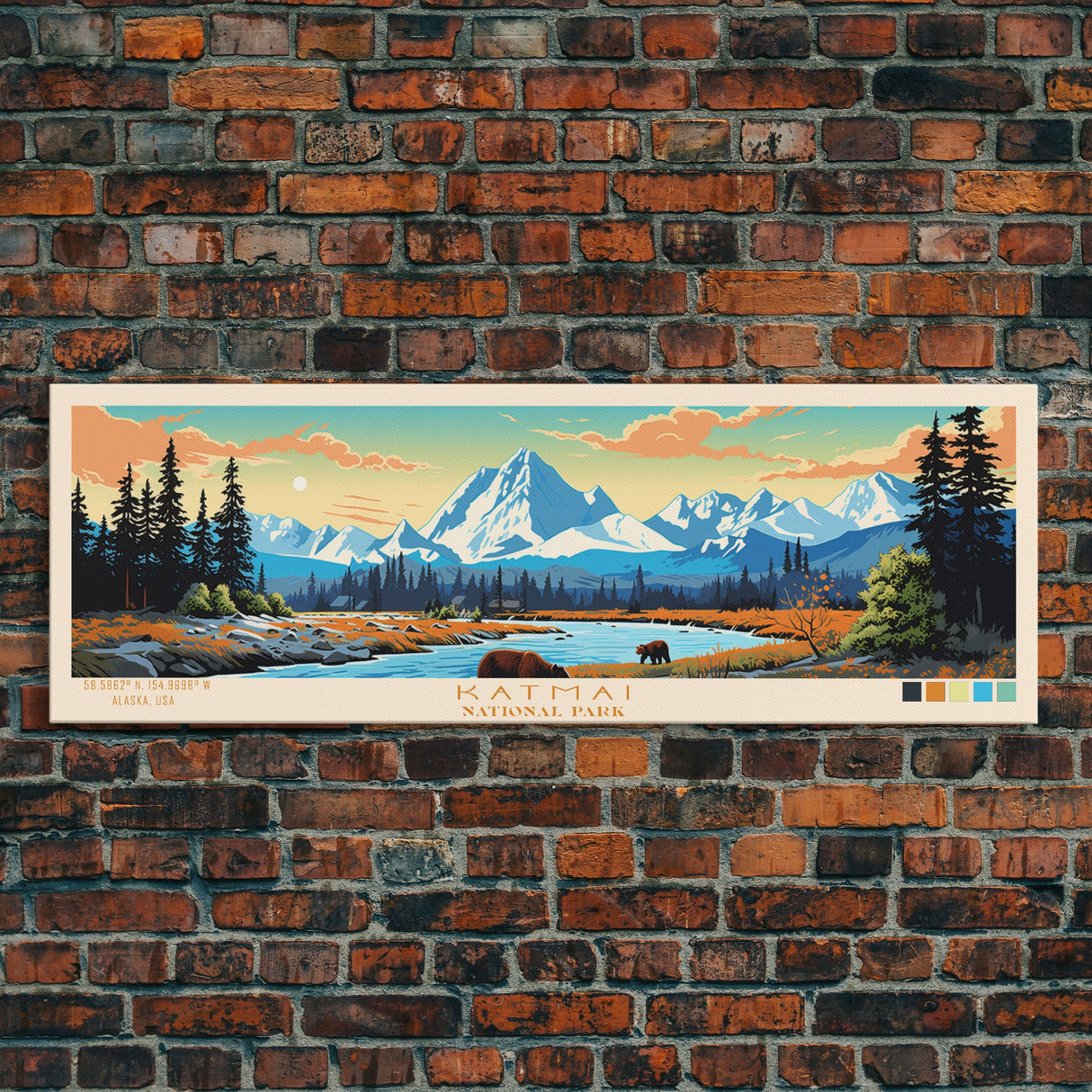 Katmai National Park, Panoramic Alaska Travel Art, National Park Print, Minimalist Travel Art, Midcentury Modern Style Landscape