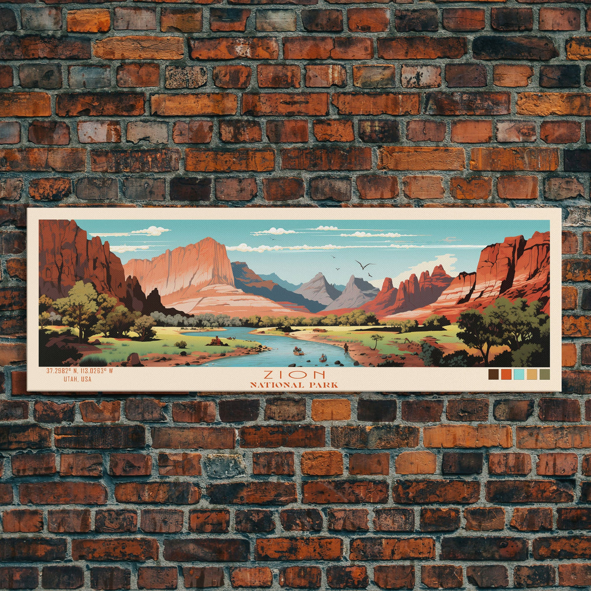 Zion National Park Panoramic Utah Travel Art, National Park Print, Minimalist Travel Art, Midcentury Modern Style Landscape