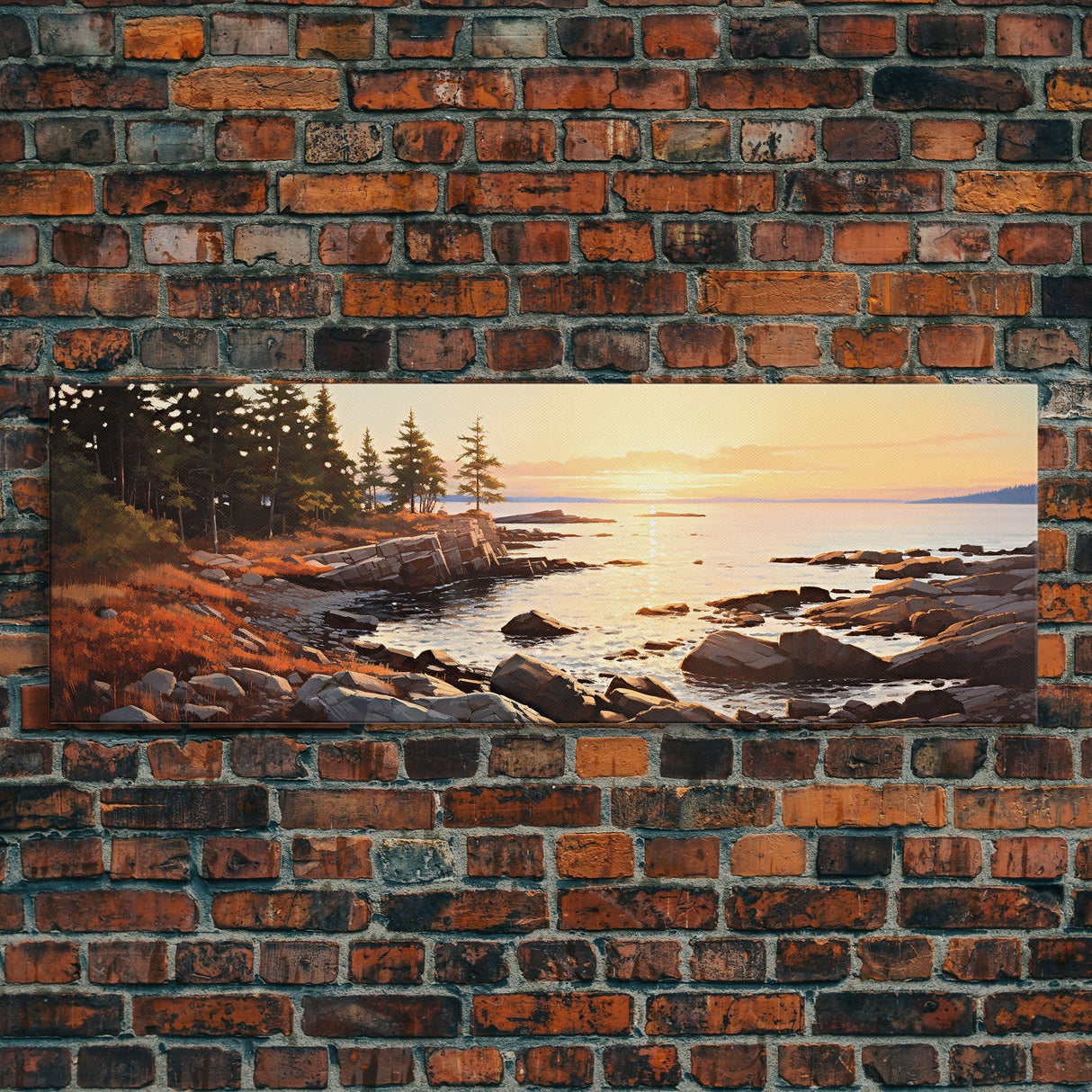 Watercolor Panoramic Acadia National Park Horizontal Framed Canvas Print, Extra Large Art, Large Wall Art, Landscape Paintin