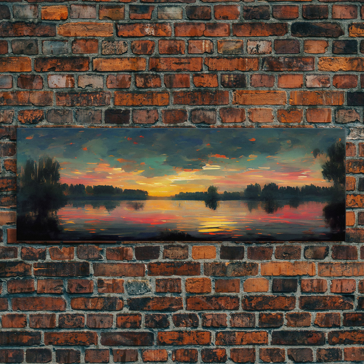 Cool Sunset Over The Lake, Ready To Hang Canvas Print, Panoramic Art, Lakehouse Wall Decor, Lake House Art, Beach House Art