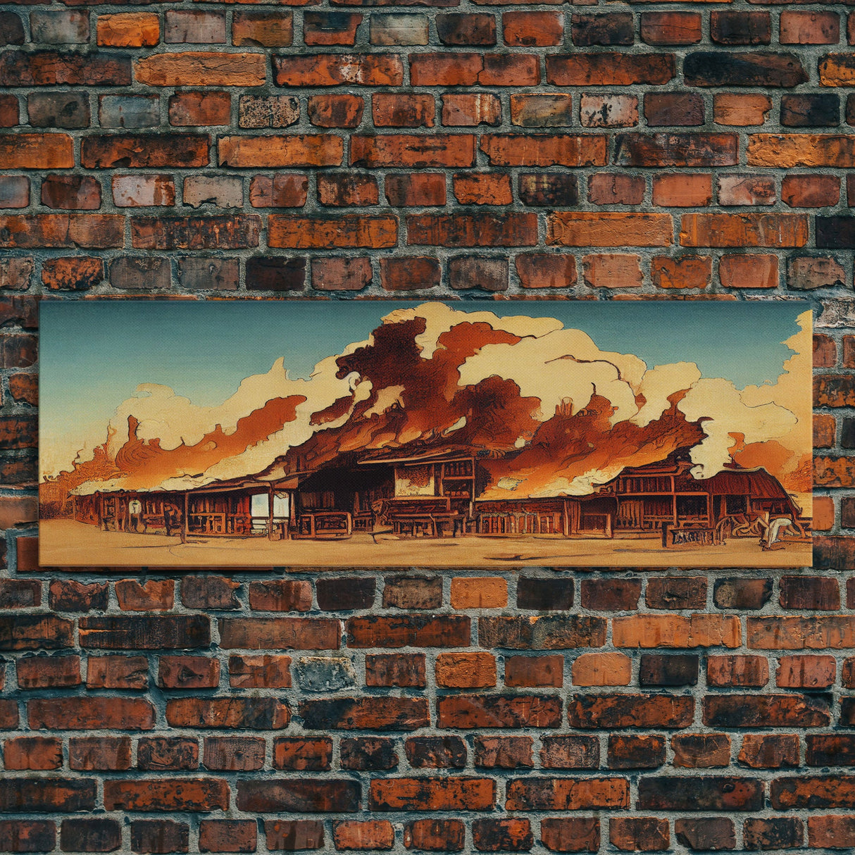 Wild West Canvas Art, Ready To Hang Canvas Print, Panoramic Art, Old West Saloon On Fire