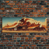 Wild West Canvas Art, Ready To Hang Canvas Print, Panoramic Art, Old West Saloon On Fire