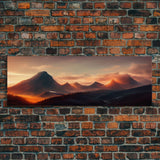 Sunset Over The Mountains, Ready To Hang Canvas Print, Panoramic Art, Above Bed Art, Above Couch Art, Above Sofa Landscape Decor