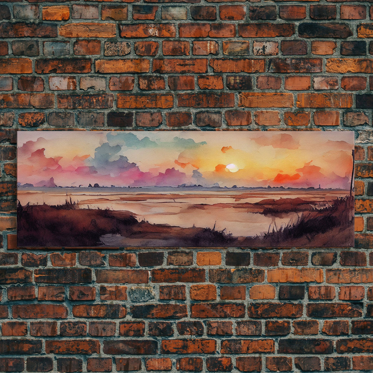 Watercolor Landscape Painting Print, Ready To Hang Panoramic Canvas Print, Whimsical Water Color Sunset, Hazy Smoky Sky, Huge Wall Art