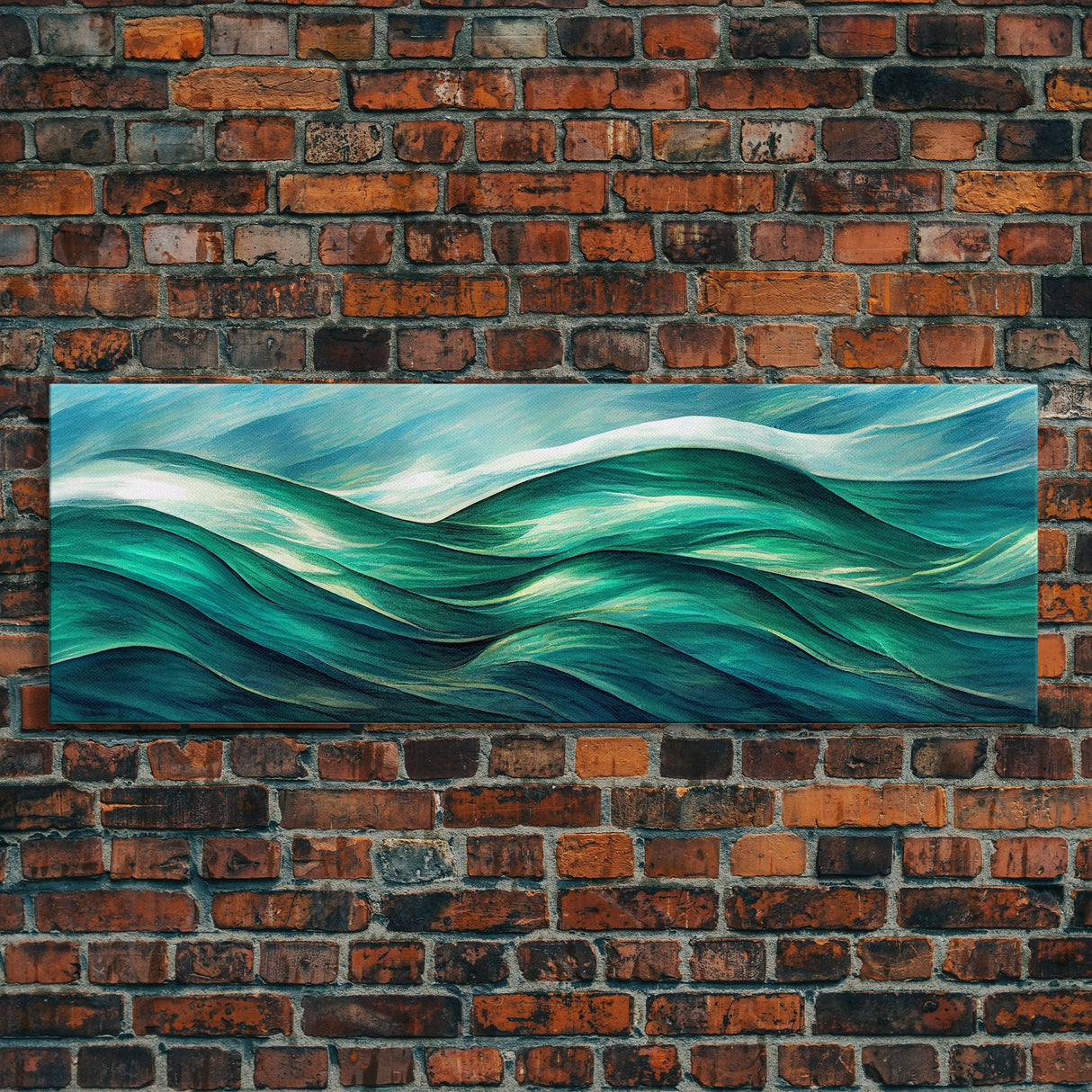 Sea Green Ocean Waves, Ready To Hang Canvas Print, Panoramic Art Deco Style Wall Decor, Emerald Green Wall Art