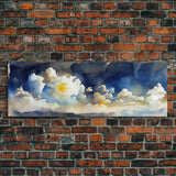 Whimsical Clouds Wall Decor, Ready To Hang Canvas Print, Panoramic, Clouds and Blue Sky, Guest Room Art, Above Bed Art