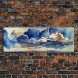 Whimsical Clouds Wall Decor, Ready To Hang Canvas Print, Panoramic, Clouds and Blue Sky, Guest Room Art, Minimalist Decor