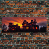 Spooky Victorian Haunted House, Panoramic Wall Art Canvas Print, Ready To Hang, Creepy Wall Decor, Gloomy Art, Scary Halloween Wall Decor