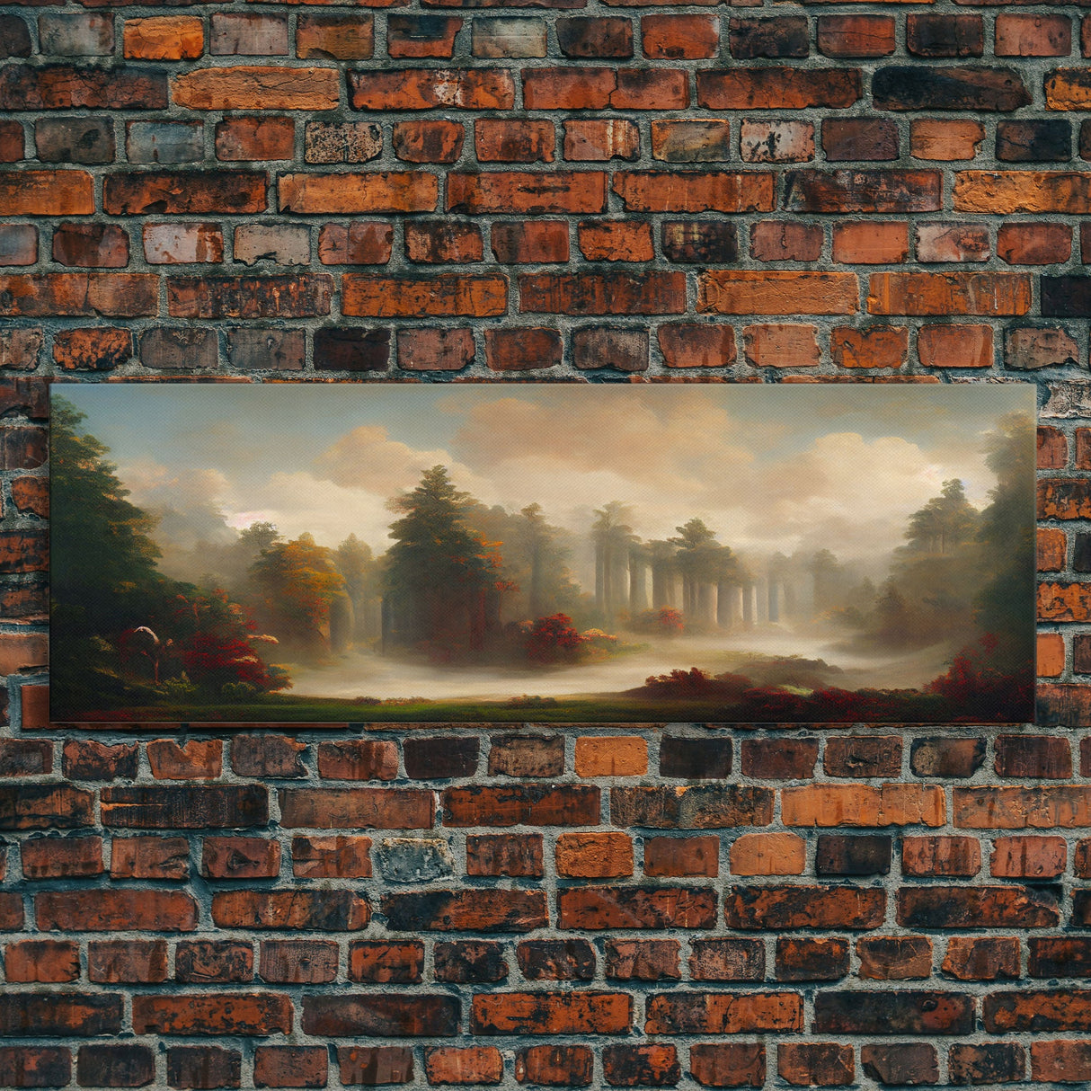 Hazy Forest Fantasy Art, Ready To Hang Canvas Print, Panoramic Art, Fog Covered Forest High Fantasy RPG Concept Art