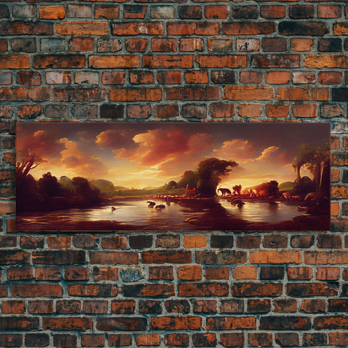 Prehistoric Abstract Landscape Art, Ready To Hang Canvas Print, Panoramic Art, Dinosaurs At Sunset