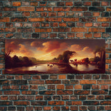 Prehistoric Abstract Landscape Art, Ready To Hang Canvas Print, Panoramic Art, Dinosaurs At Sunset