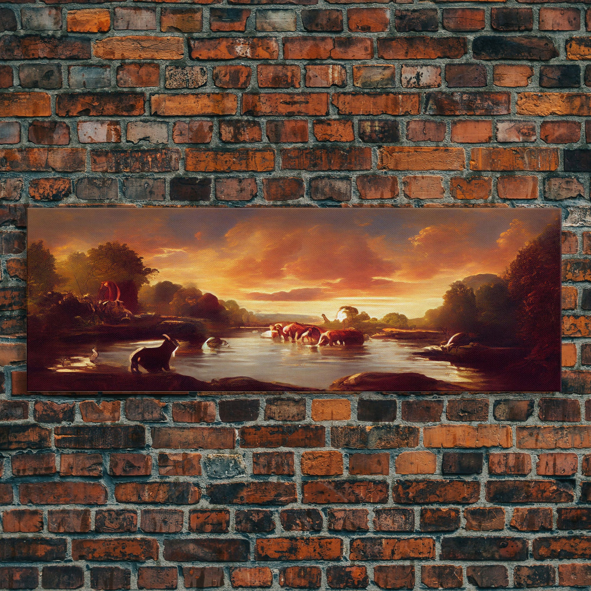 Prehistoric Dinosaur Abstract Landscape Art, Ready To Hang Canvas Print, Panoramic Art, Dinosaurs At Sunset