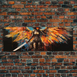 The Battle Angel, Framed Canvas Print, Game Room Art, Panoramic Painting, Panoramic Wall Art, Extra Large Wall Art