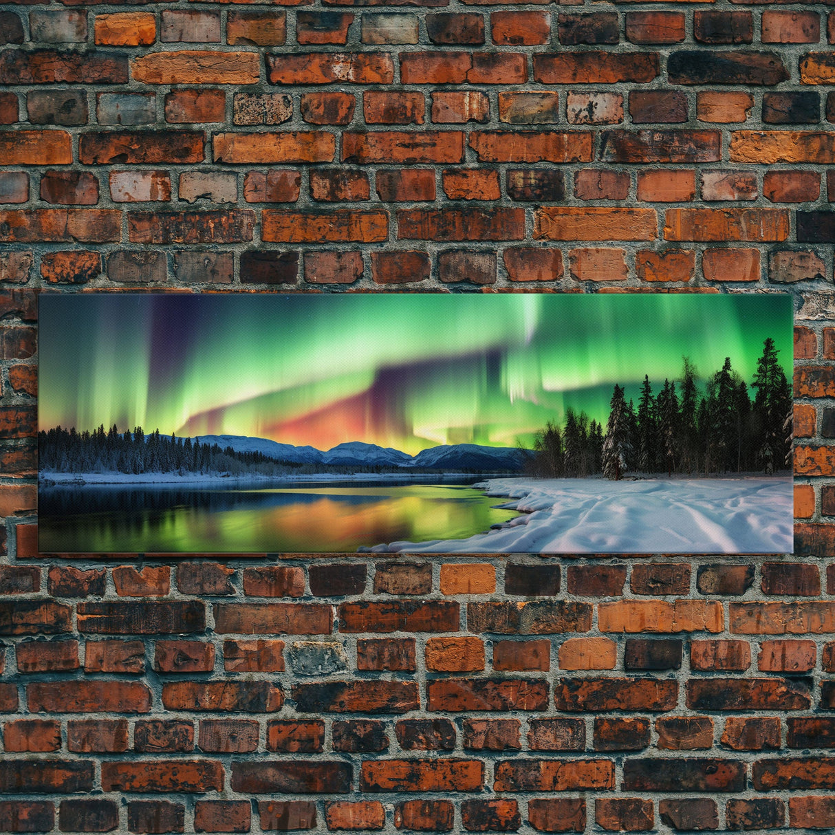 Aurora Borealis, Northern Lights Panoramic Framed Canvas Print, Beautiful Winter Wonderland Landscape Painting