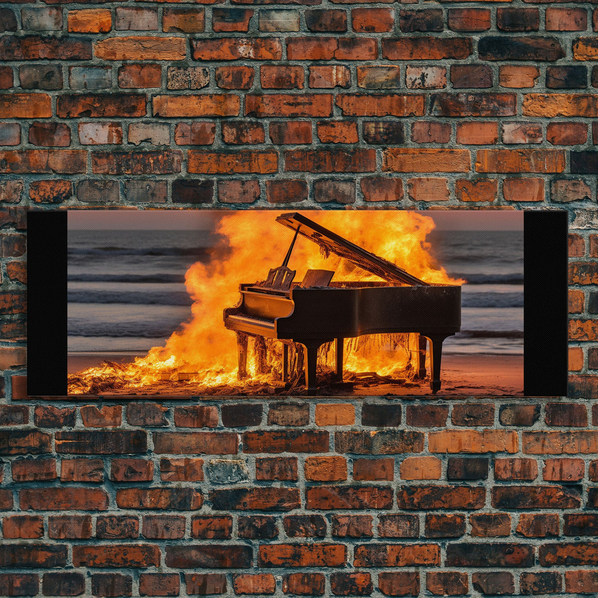 Burning Piano On The Beach, Surreal Art, Framed Canvas Print, Panoramic Wall Art