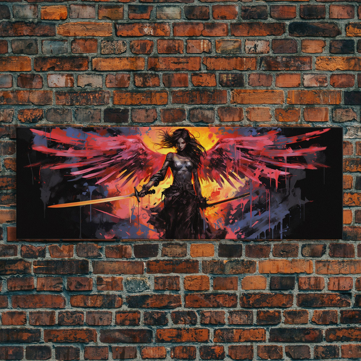 The Battle Angel, Framed Canvas Print, Game Room Art, Panoramic Painting, Panoramic Wall Art, Extra Large Wall Art