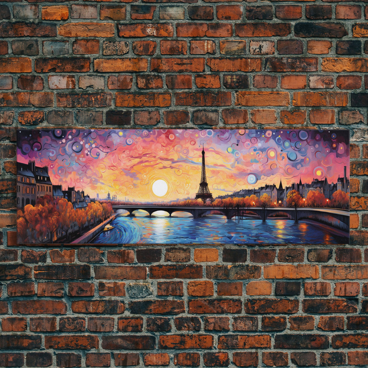 Eiffel Tower Abstract Paris France Panoramic Framed Canvas Print, Van Gogh Inspired Original Painting, Colorful Wall Art