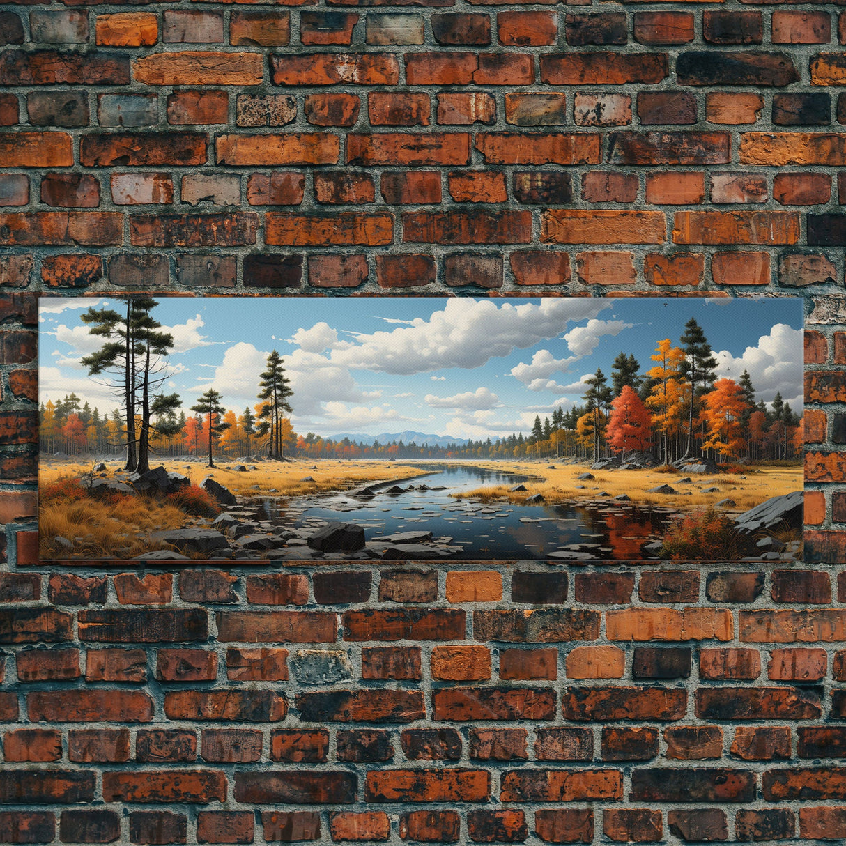 Panoramic Autumn Landscape Painting Framed Canvas Print, Large Wall Art, Fall Centerpiece, Above Fireplace Living Room Art, Mantle Art