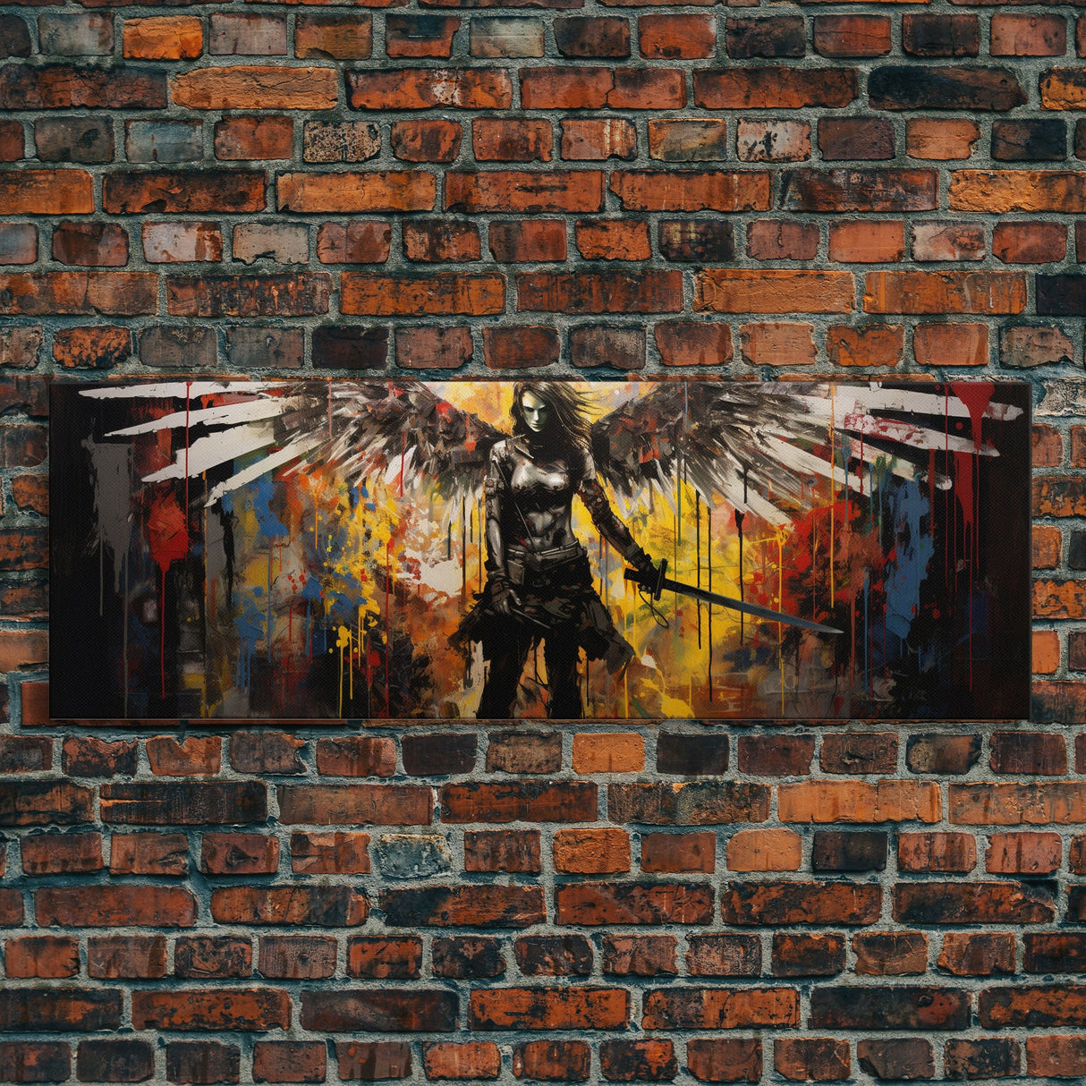 Graffiti Battle Angel, Framed Canvas Print, Game Room Art, Panoramic Painting, Panoramic Wall Art, Extra Large Wall Art