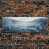 Panoramic Winter Scene Canvas Print, Winter Stream Drone Shot Bird's Eye View, Rustic Winter Centerpiece Wall Art, Panoramic Art