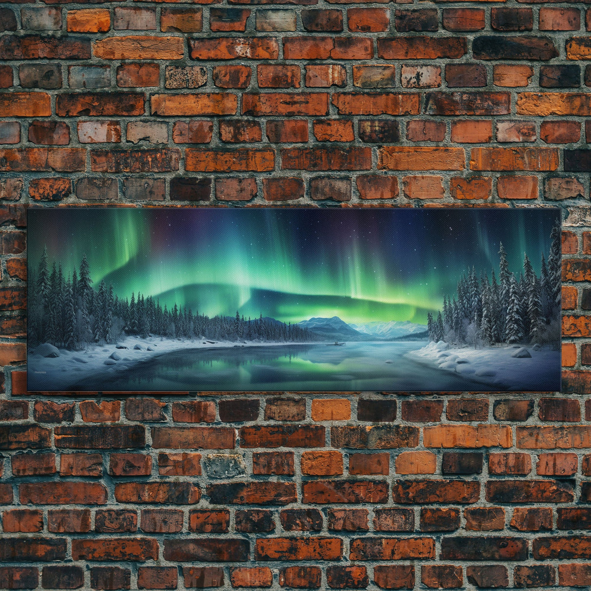 Panoramic Aurora Borealis Wall Art, Framed Canvas Print, Snowy Winter Landscape Painting, Winter Centerpiece Wall Art