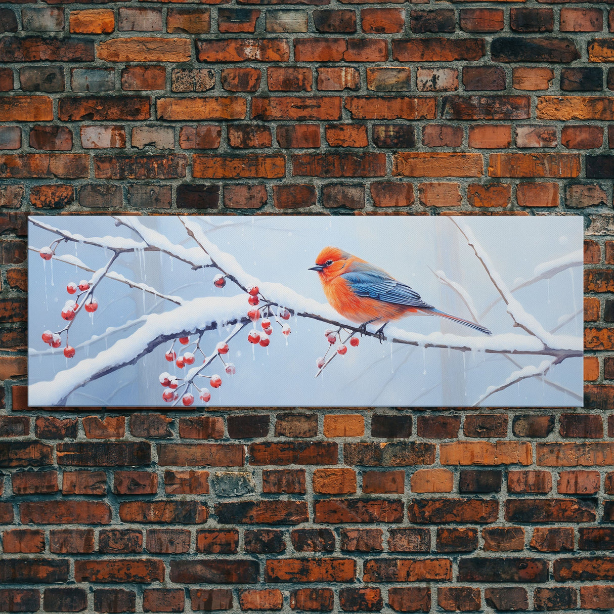 Panoramic Print of a Bluebird In A Snow Storm, Winter Decor, Christmas Centerpiece, Beautiful Animal Print, Animal Painting, Canvas Print