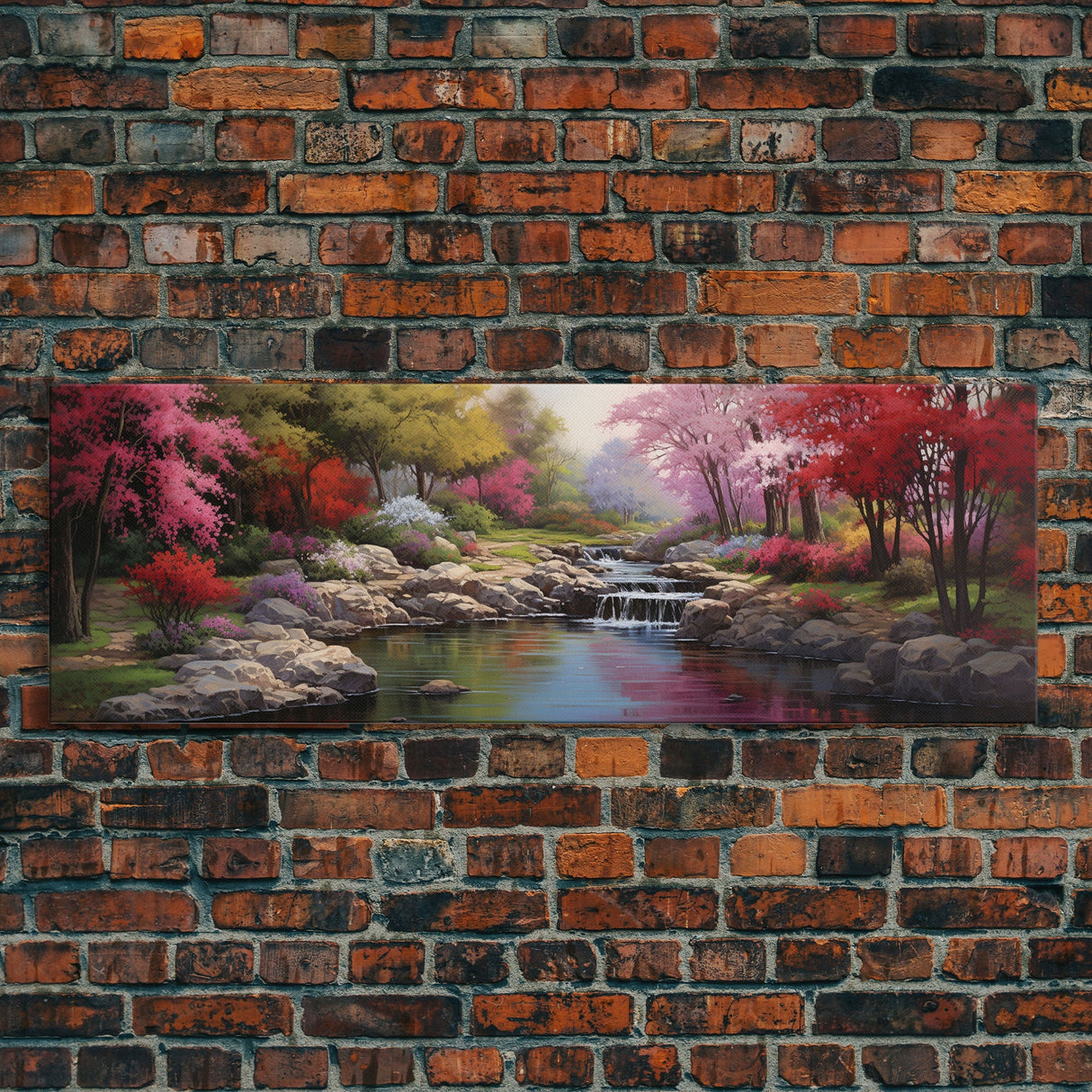 Panoramic Landscape Print Of A Tranquil Spring Stream, Framed Canvas Print, Original Landscape Oil Painting, Guest Room Decor