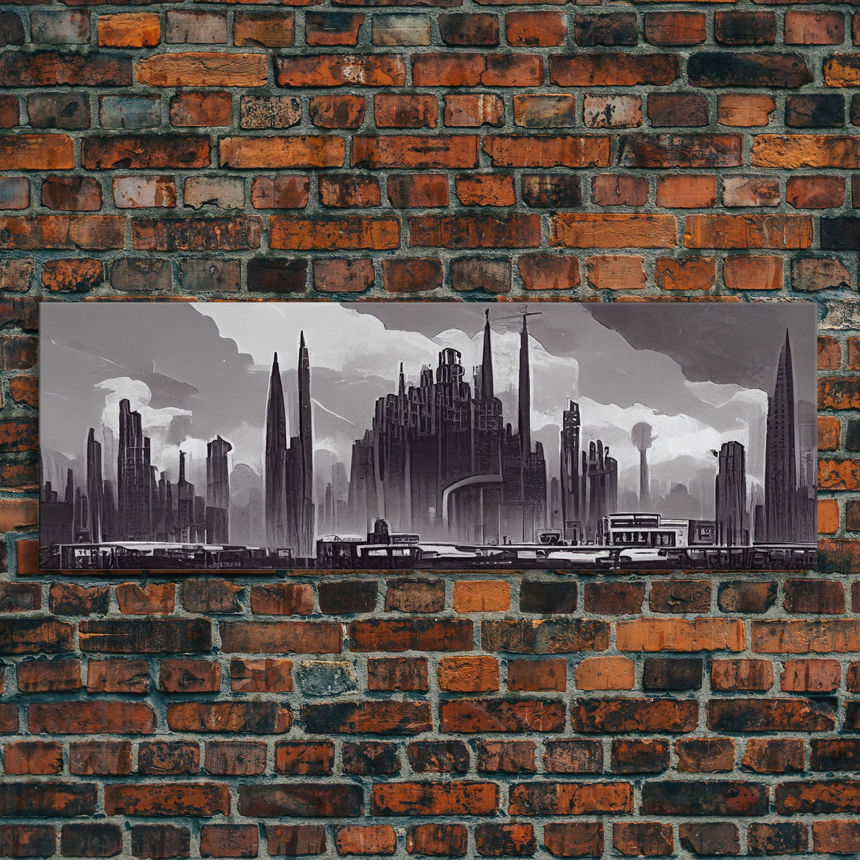 Dystopian Art Deco Style Architecture, Extra Large Wall Art, Framed Panoramic Canvas Print, Framed Wall Decor