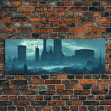 Dystopian Cyberpunk Metropolis, Steampunk Mashup, Extra Large Wall Art, Framed Panoramic Canvas Print, Framed Wall Art