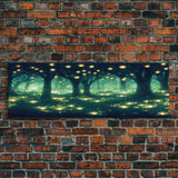 Fantasy Forest At Night With Fireflies, Extra Large Wall Art, Framed Panoramic Canvas Print, Framed Wall Art