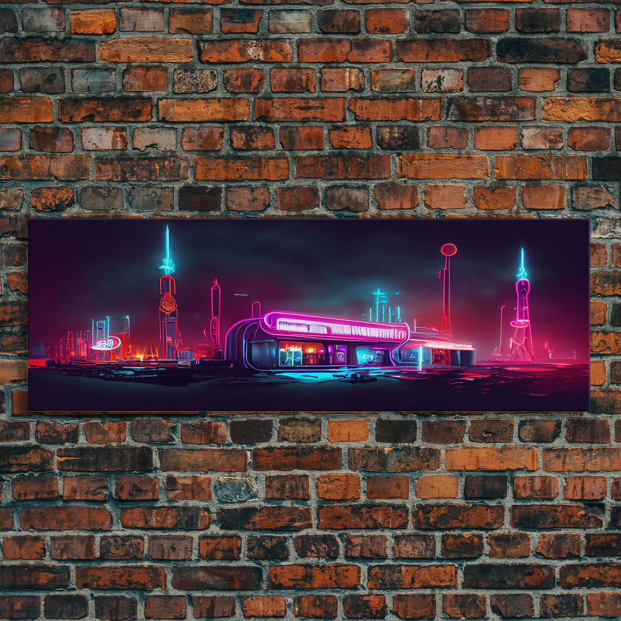 Neon Cyberpunk Atomic Age Diner, Extra Large Wall Art, Framed Panoramic Canvas Print, Framed Wall Art