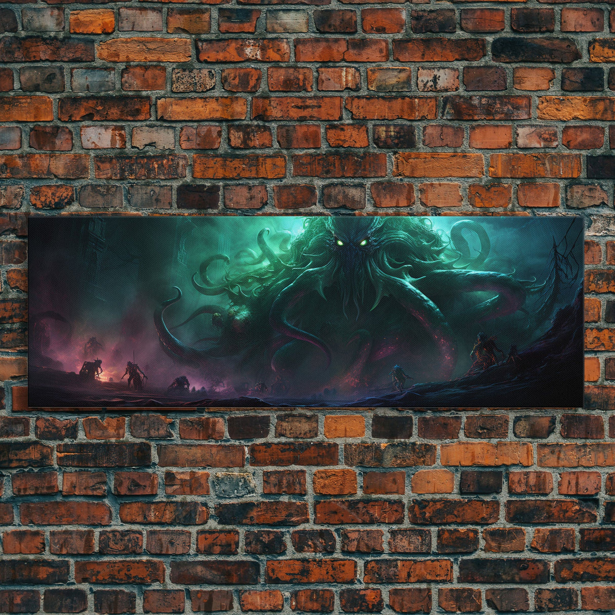 Rise Of Cthulhu Framed Canvas Print, Panoramic Call of Cthulhu H.P. Lovecraft Cosmic Horror Steampunk Gothic Darrk Art Wall Decor