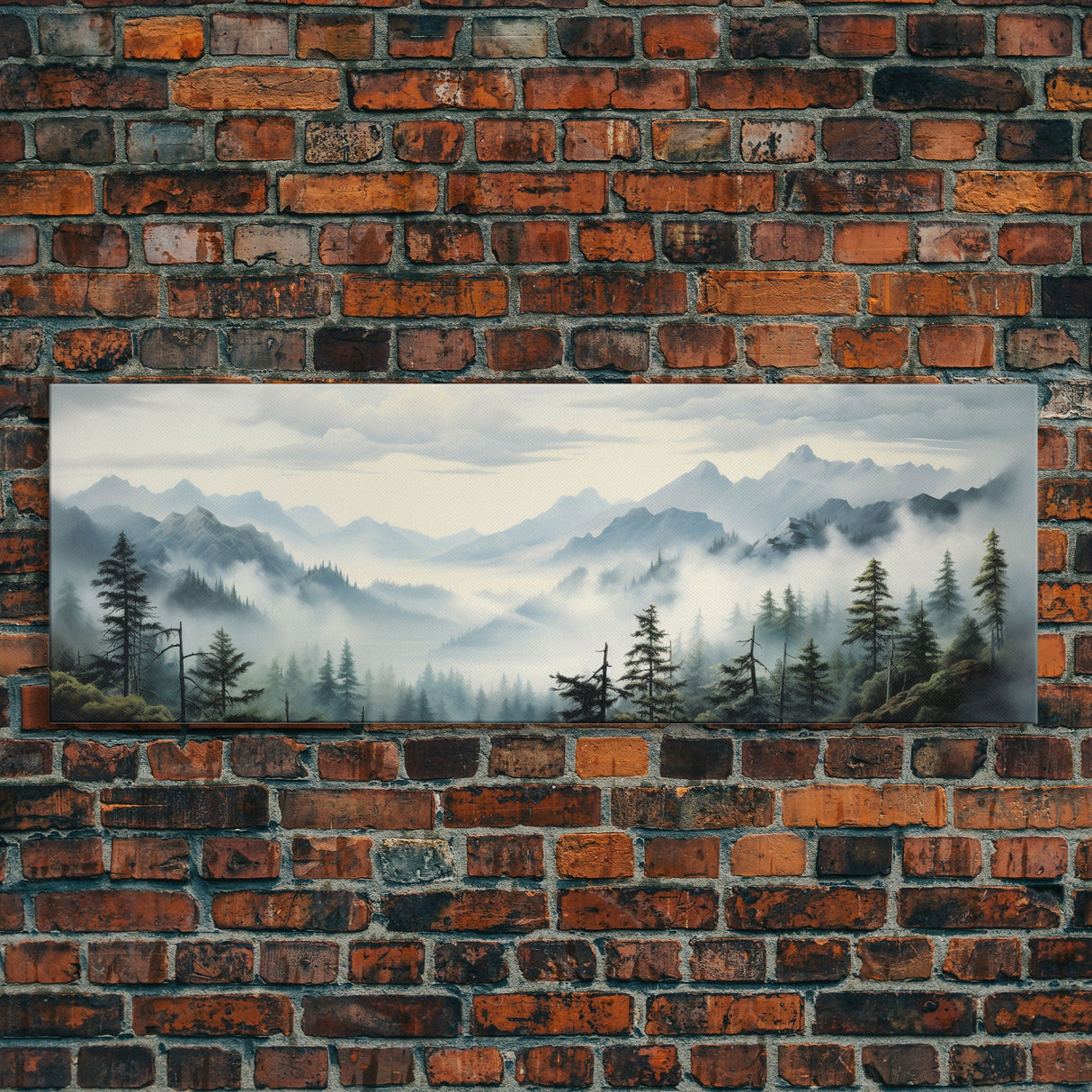 Foggy Mountain Forest Canvas Print, Oil Landscape Painting On Canvas - Ready To Hang Large Panoramic Canvas Wall Art Prints, Framed Wall Art