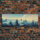 Cyberpunk City Above The Clouds, Futuristic Metropolis, Extra Large Wall Art, Framed Panoramic Canvas Print, Framed Wall Decor