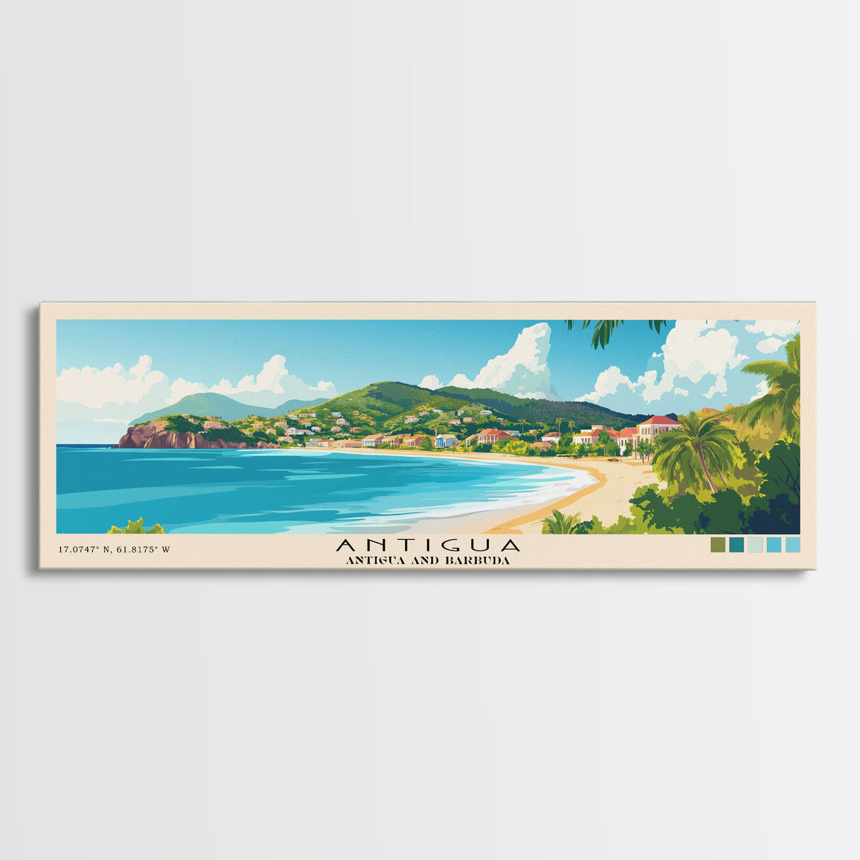 Antigua, Antigua and Barbuda Panoramic Print, Vacation Gift, Antigua and Barbuda Wall Art, Beach Painting, Beach Decor, Large Wall Art, Wood Frame Art